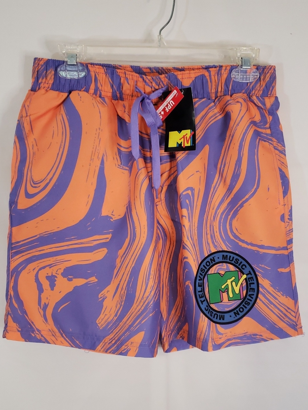 MTV Logo Orange and Purple Marbled Swim Trunks, Medium